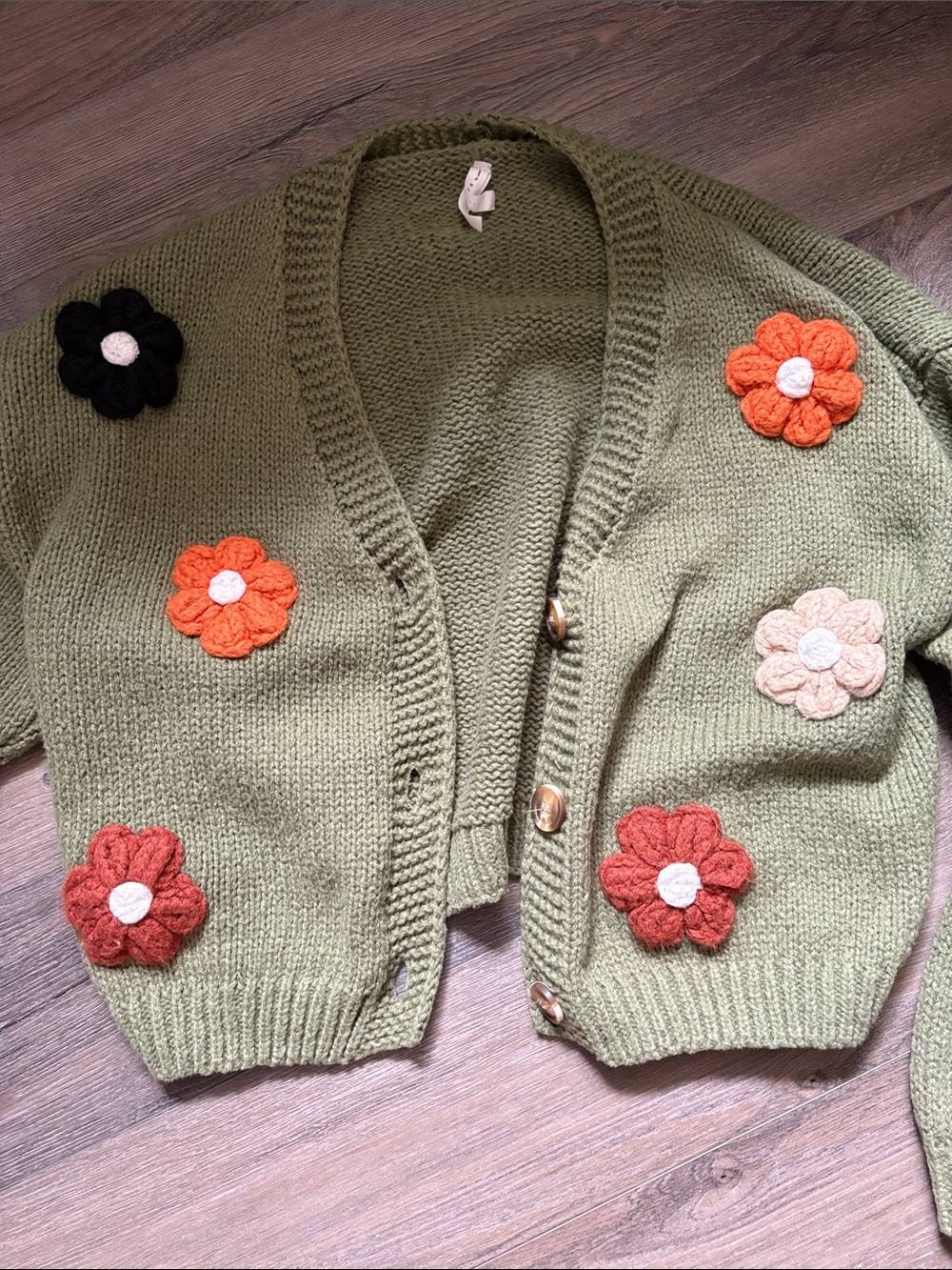 Olive Green Floral-Appliqué Knit Cardigan